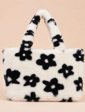 A Shop of Things Black White Daisy Fuzzy Faux Fur Tote Bag Y2K
